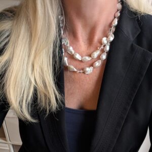40 Inch High Luster Baroque Freshwater Pearl and AAA Crystal Quartz Necklace with Sterling Silver Toggle Clasp